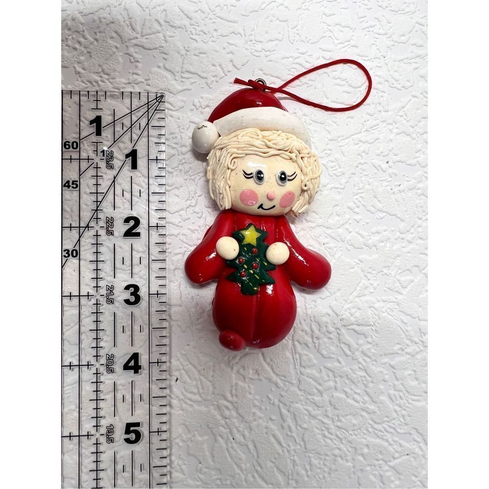 Handpainted Girl Red Santa Hat and Overall Christmas Ornament Decorative